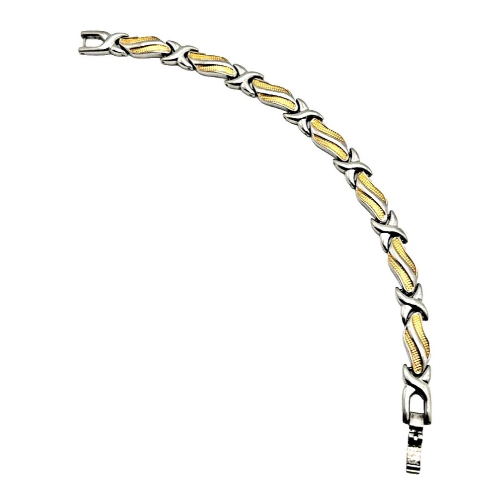 d+ Magnet Stainless Steel Bracelet Silver Tone X Gold Wave Accents 7.5" Unisex